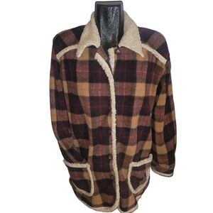 Graffiti Brown Plaid Fleece Sherpa Trim Shacket Style Jacket M